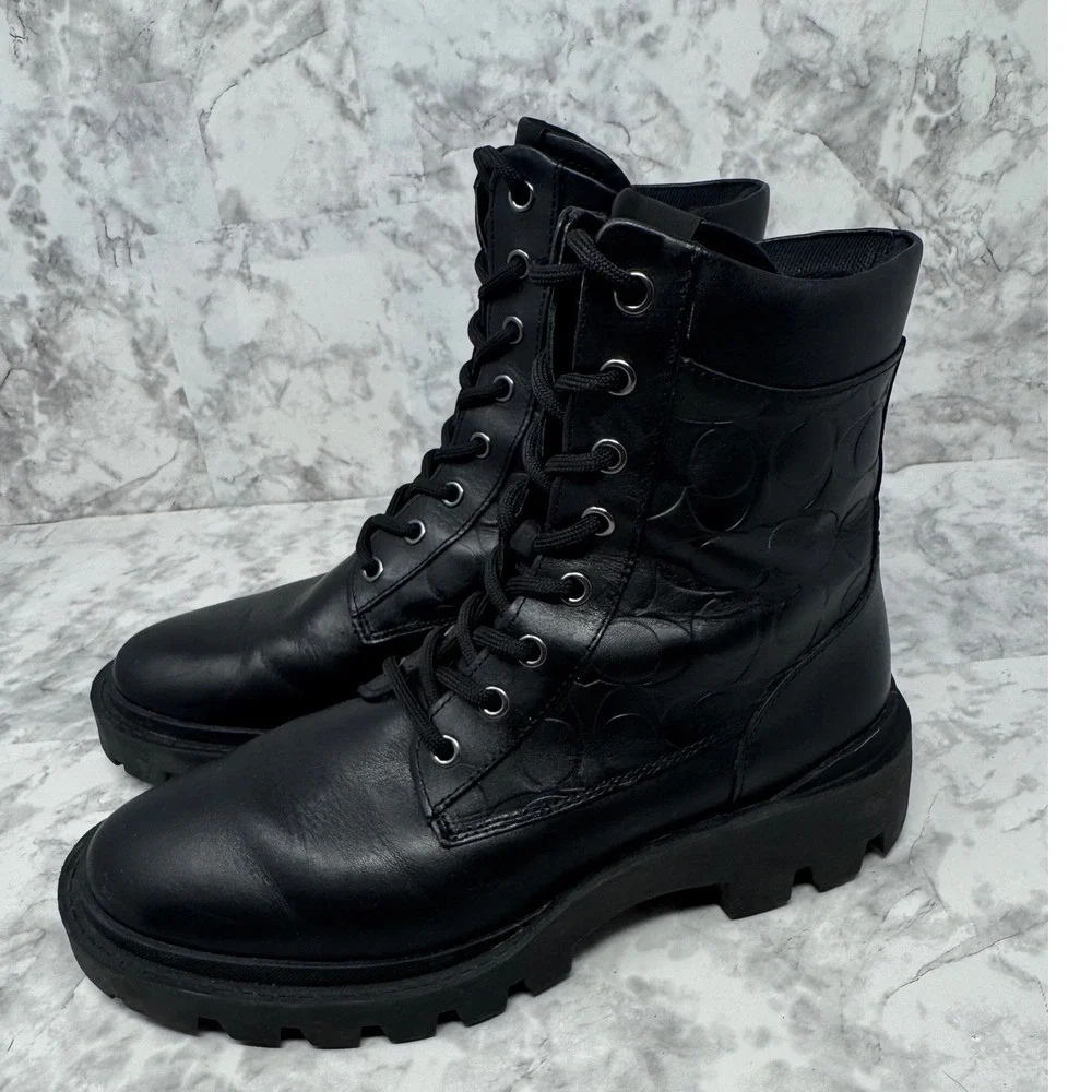 Coach Lorimer Black Leather Signature C Embossed chunky Combat Boots luxury 8D